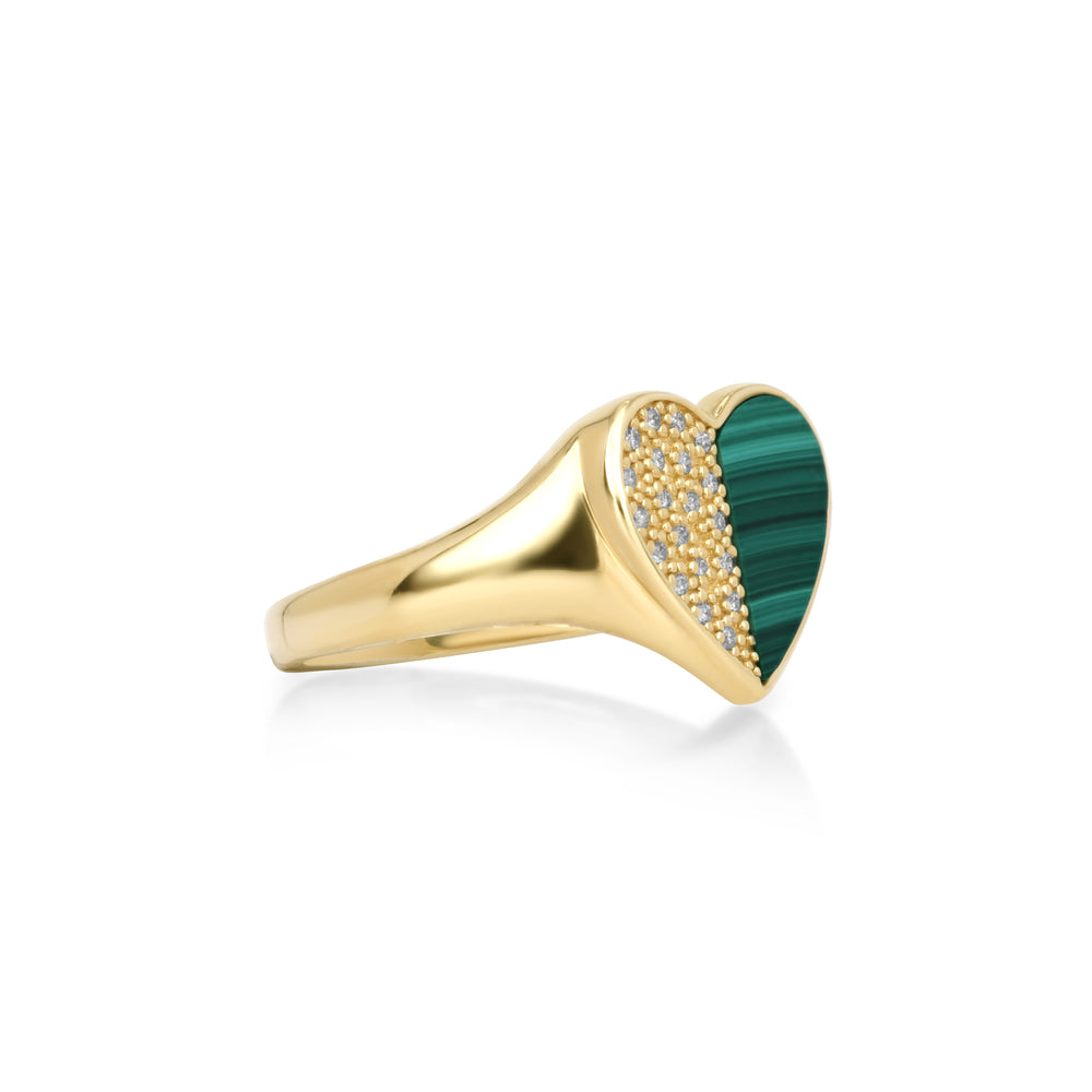0.06 Cts White Diamond and Malachite Ring in 14K Yellow Gold