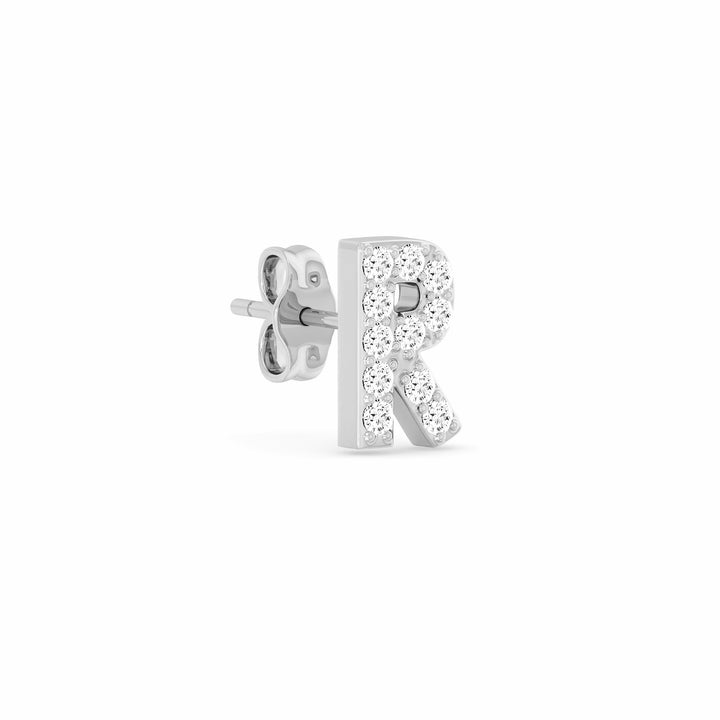 0.06 Cts White Diamond Letter "R" Single Sided Earring in 14K Gold