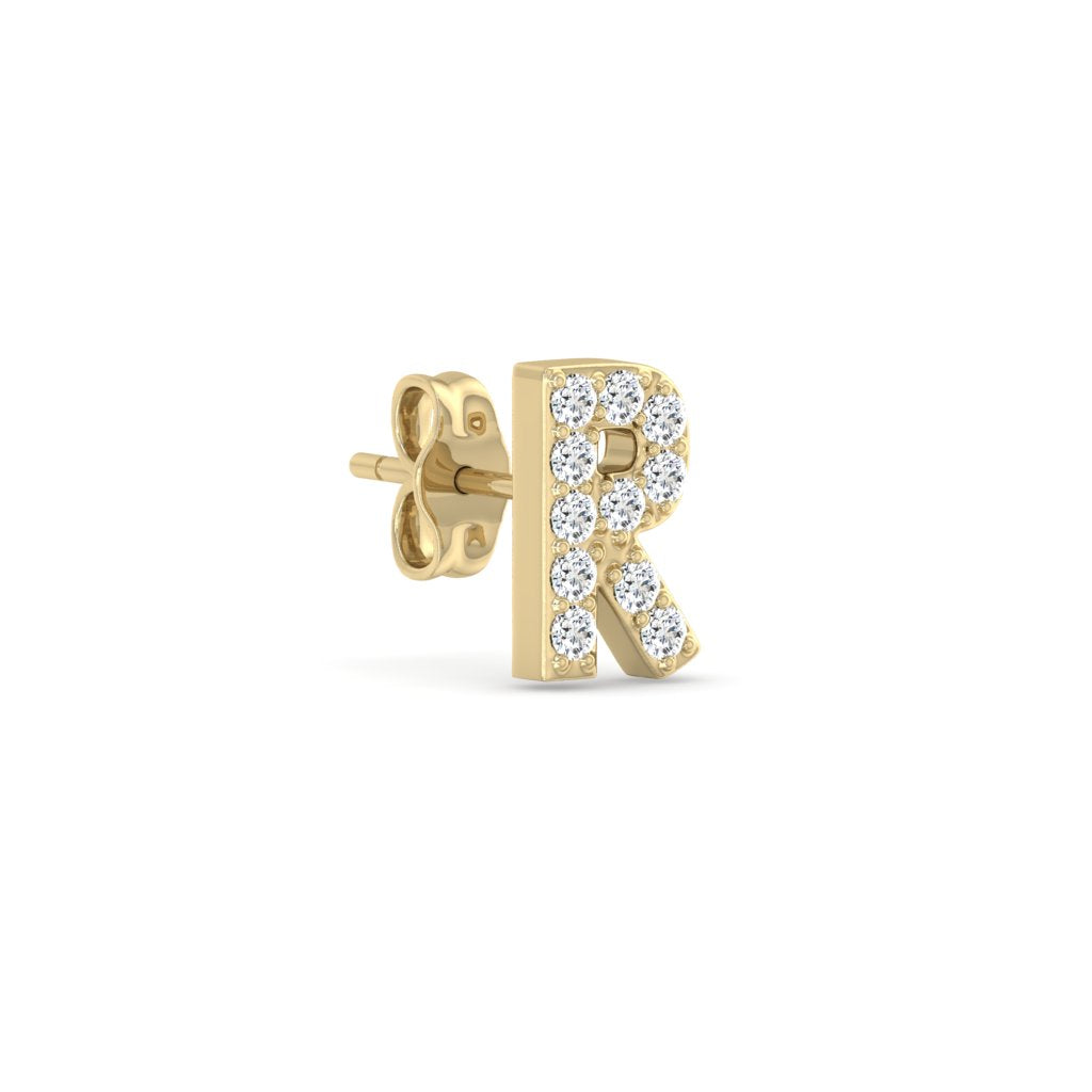 0.06 Cts White Diamond Letter "R" Single Sided Earring in 14K Gold
