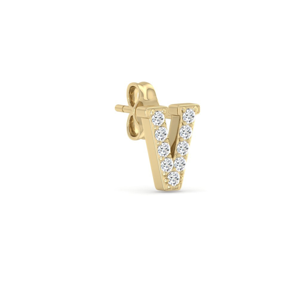0.05 Cts White Diamond Letter "V" Single Sided Earring in 14K Gold