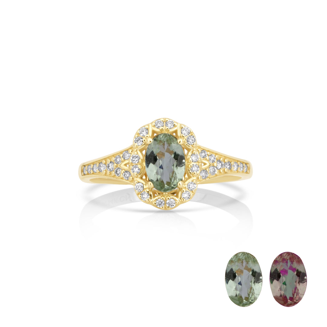 0.64 Cts UV Mint Garnet and White Diamond Ring in 14K Yellow Gold