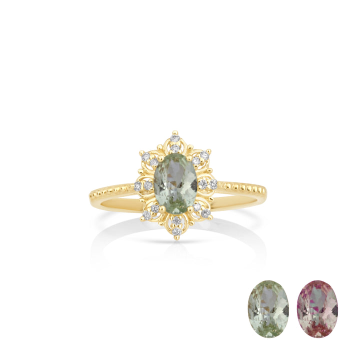 0.80 Cts UV Mint Garnet and White Diamond Ring in 14K Yellow Gold