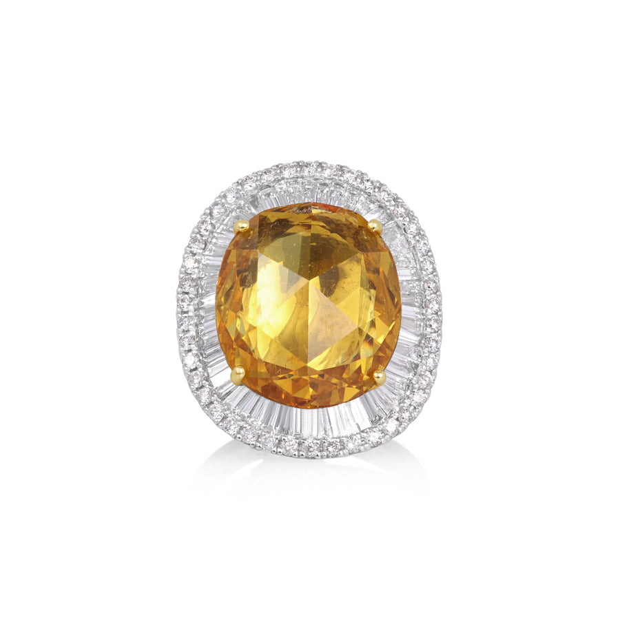 14.46 Cts Yellow Sapphire and White Diamond Ring in 18K Two Tone