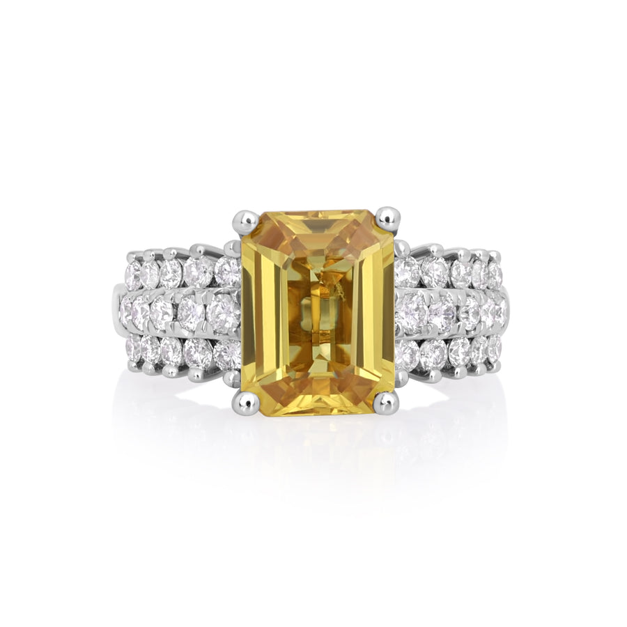 3.75 Cts Yellow Sapphire and White Diamond Ring in 14K White Gold