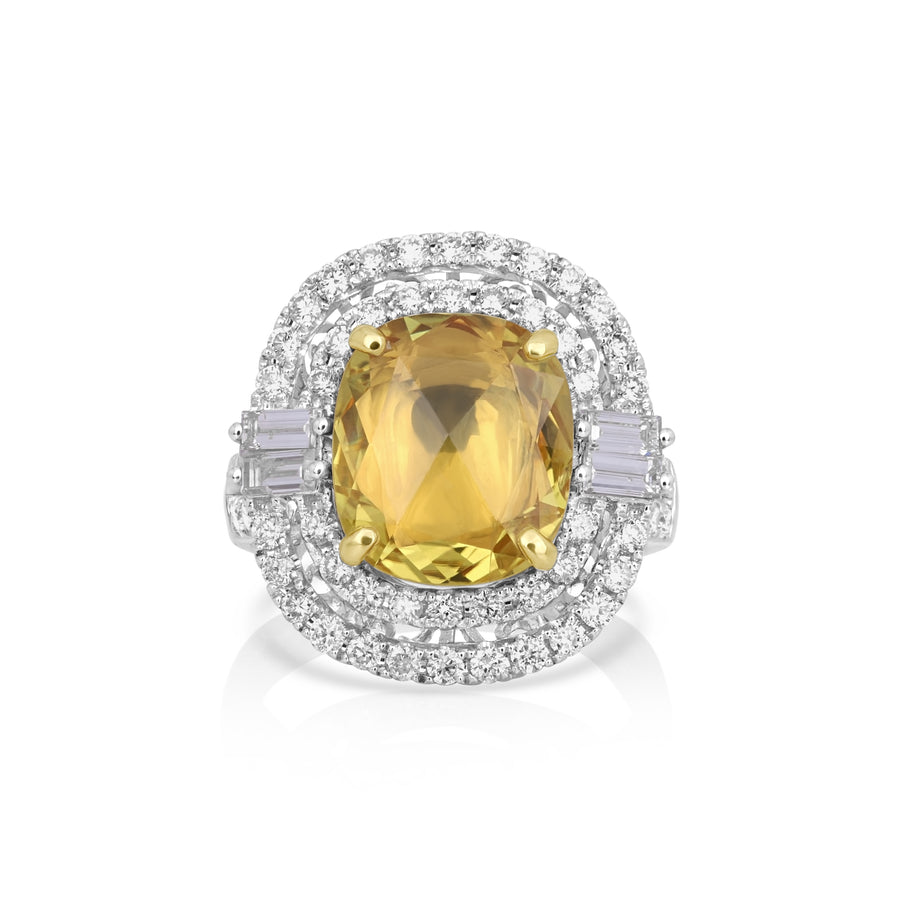 3.95 Cts Yellow Sapphire and White Diamond Ring in 18K Two Tone