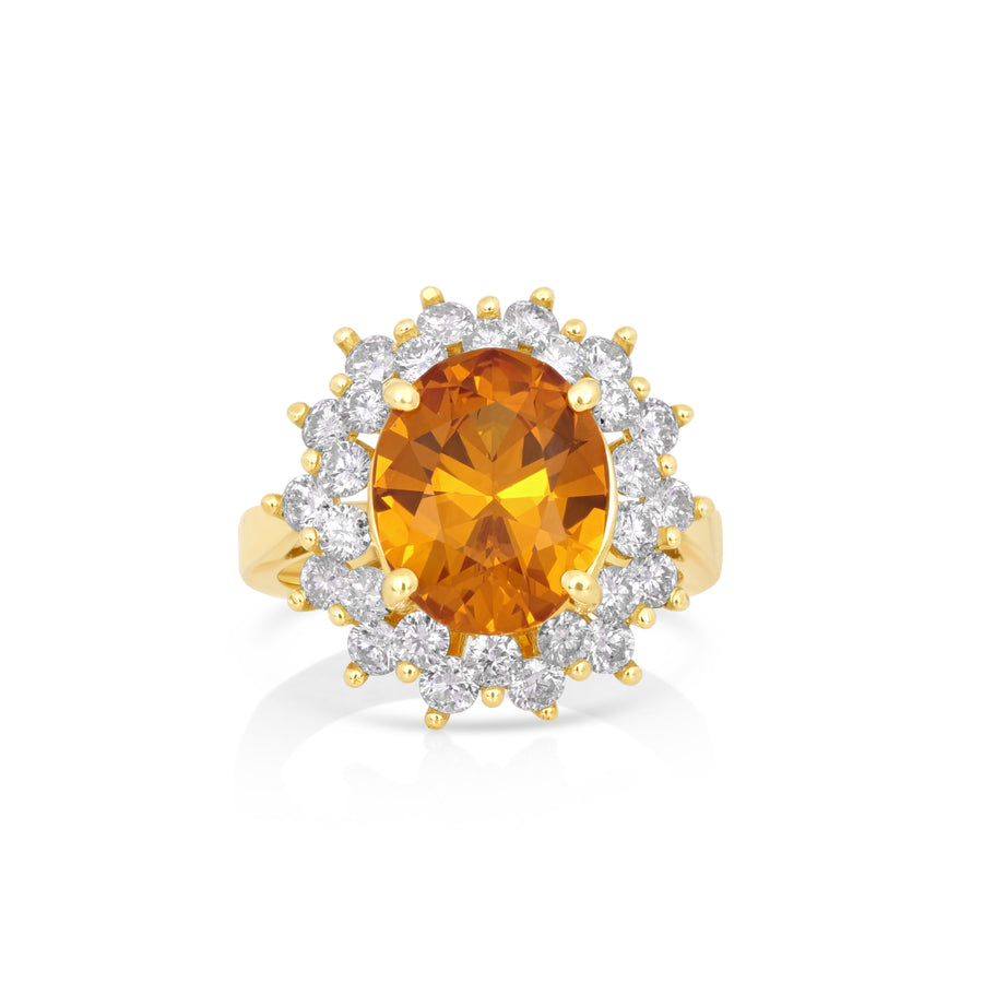 4.85 Cts Yellow Sapphire and White Diamond Ring in 14K Yellow Gold