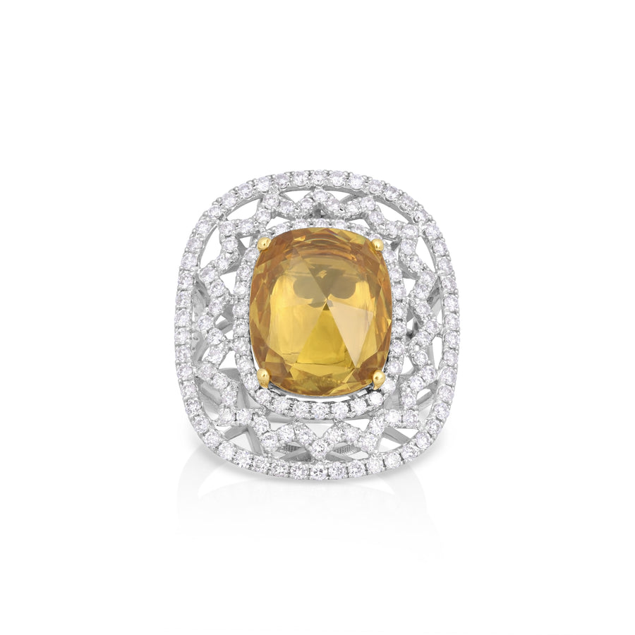 3.94 Cts Yellow Sapphire and White Diamond Ring in 18K Two Tone