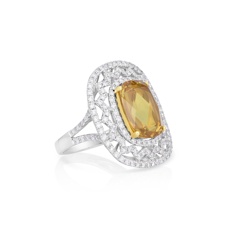 3.94 Cts Yellow Sapphire and White Diamond Ring in 18K Two Tone