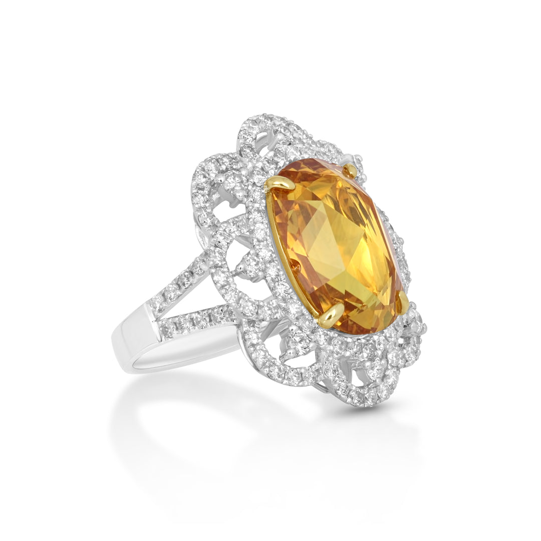 8.33 Cts Yellow Sapphire and White Diamond Ring in 18K Two Tone