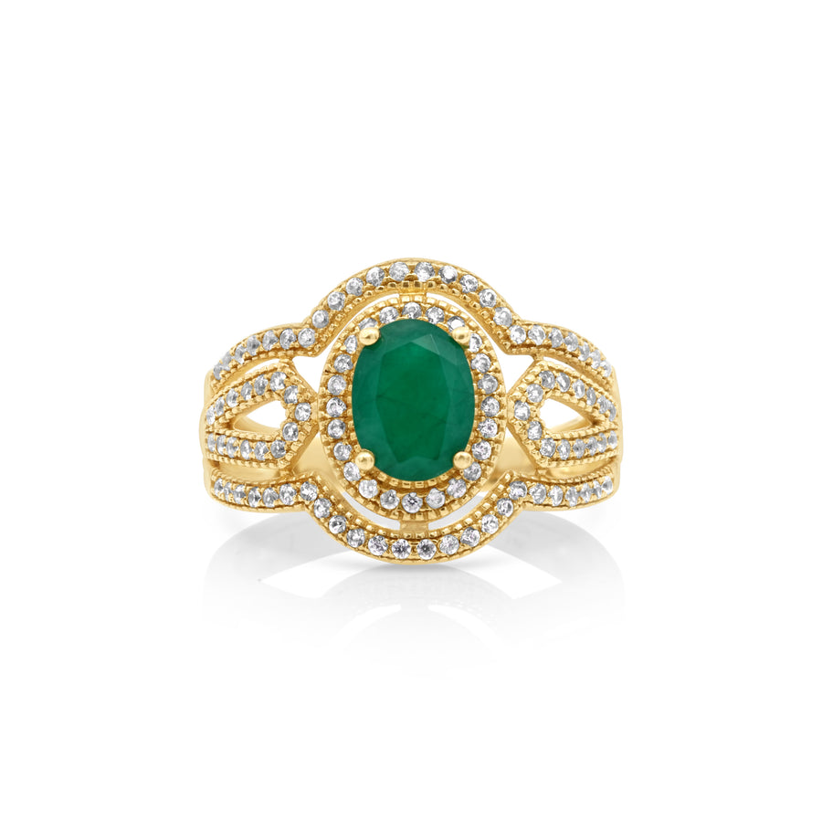 1 Cts Emerald and White Diamond Ring in 14K Yellow Gold