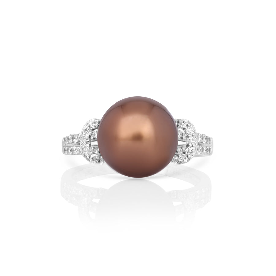 10 mm Tahitian Pearl and White Diamond Ring in 14K White Gold
