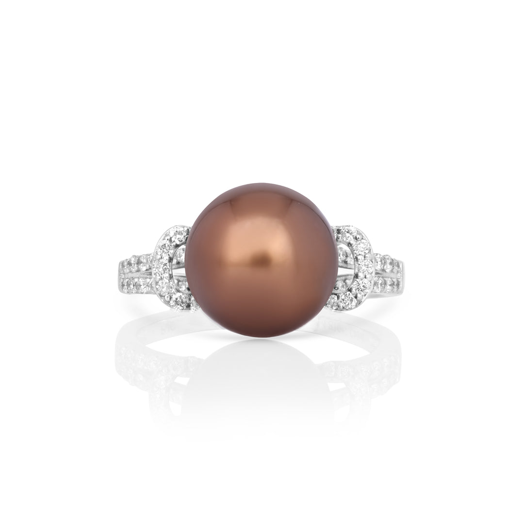 10 mm Tahitian Pearl and White Diamond Ring in 14K White Gold