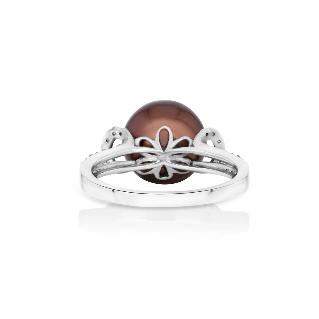 10 mm Tahitian Pearl and White Diamond Ring in 14K White Gold