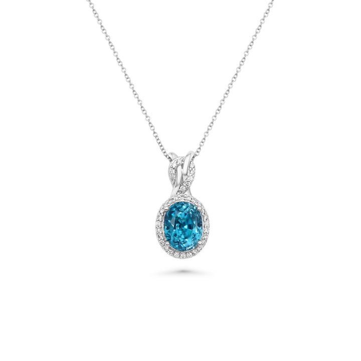 4.51 Cts Blue Zircon and White Diamond Pendant in 14K White Gold