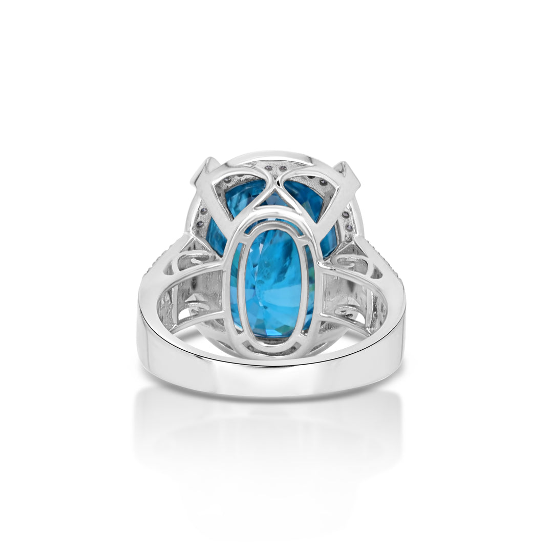 21.65 Cts Blue Zircon and White Diamond Ring in 14K White Gold