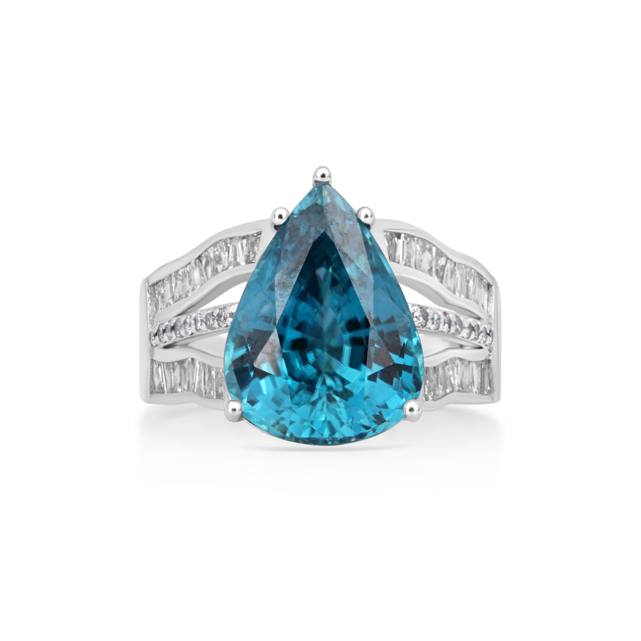10.9 Cts Blue Zircon and White Diamond Ring in 14K White Gold