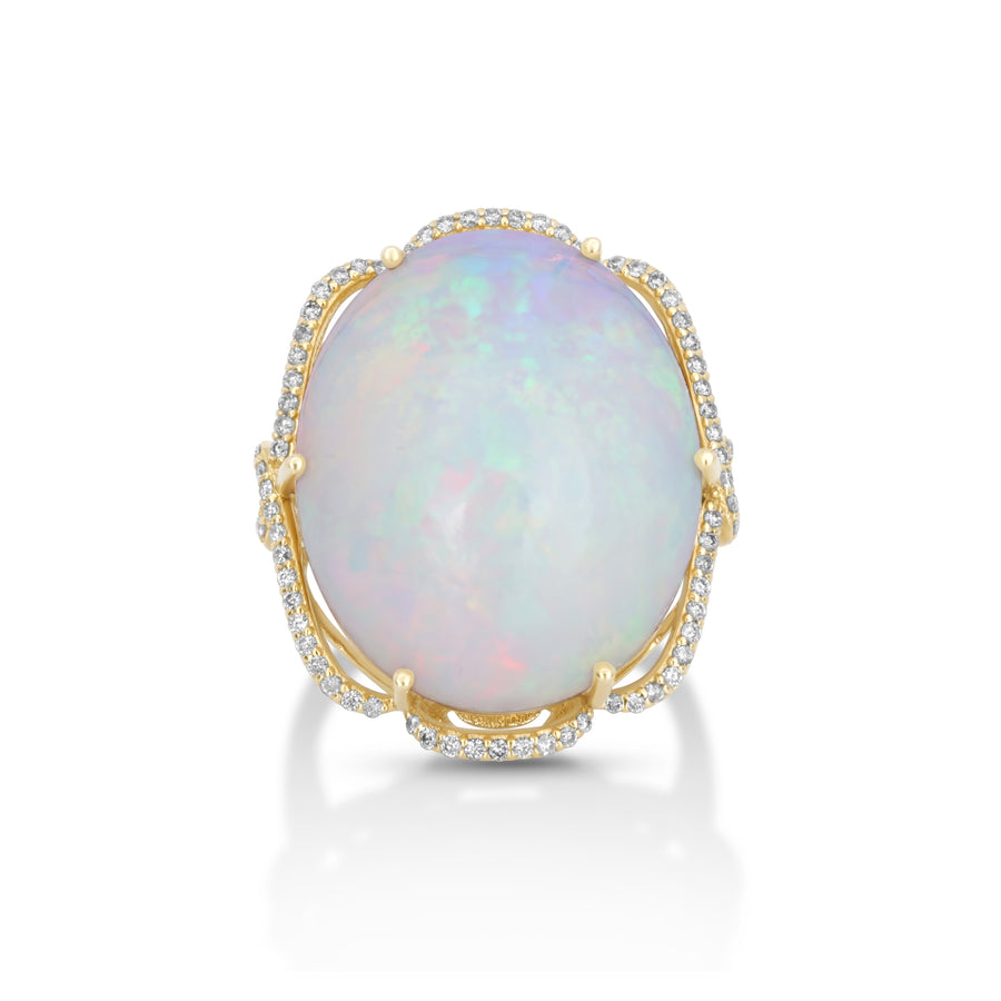 20.25 Cts White Opal and White Diamond Ring in 14K Yellow Gold