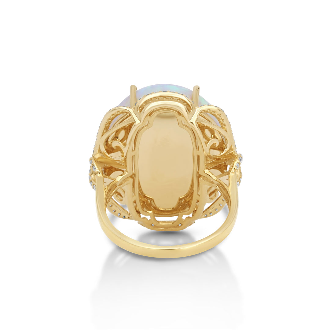 20.25 Cts White Opal and White Diamond Ring in 14K Yellow Gold