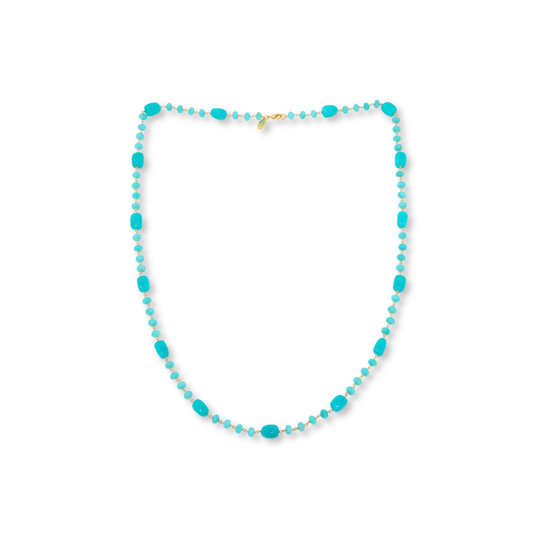 Aquamarine Colored Quartz Beaded Necklace in Brass