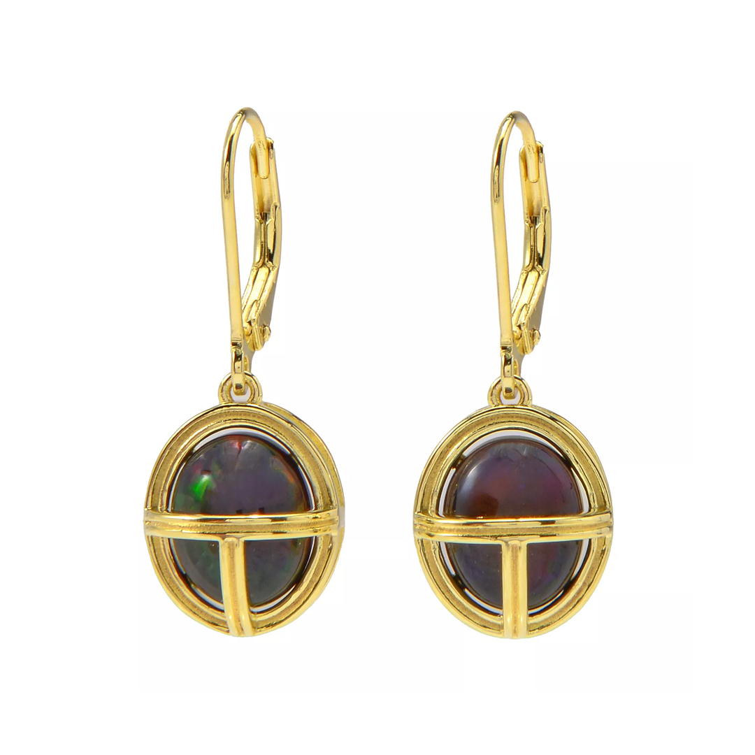 3.30 Cts Black Opal Egyptian Scarab Dangle Earring in 18K Gold Plated 925 Silver