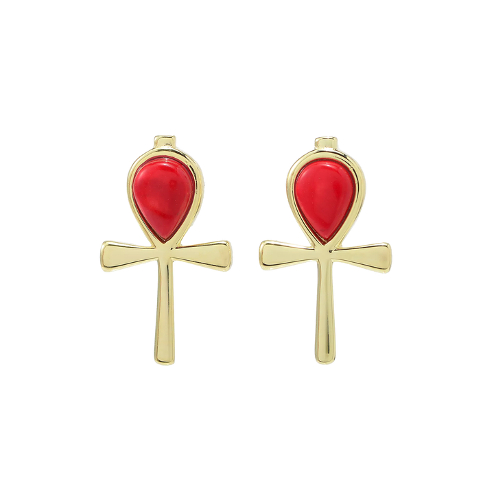 1.32 Cts Red Coral Egyptian Ankh Cross Earring in 18K Gold Plated 925 Silver