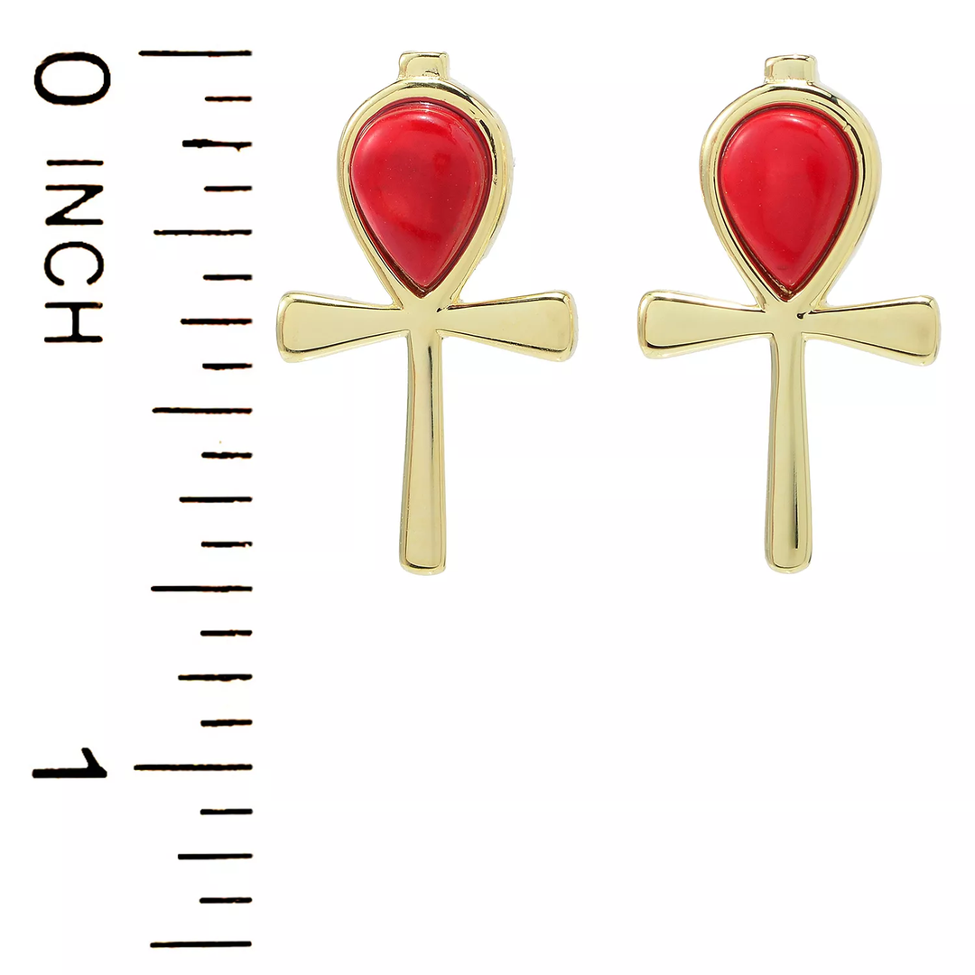 1.32 Cts Red Coral Egyptian Ankh Cross Earring in 18K Gold Plated 925 Silver