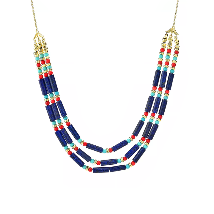 76.65 Cts Lapis Lazuli and Turquoise Cleopatra Egyptian Necklace in 18K Gold Plated 925 Silver