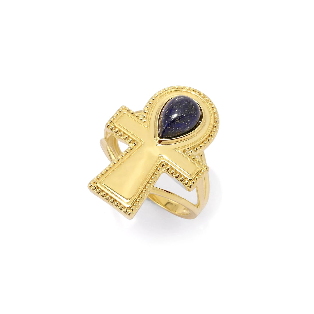 4.56 Cts Lapis Lazuli Ankh Cross Ring in Yellow Gold Plated 925 Sterling Silver