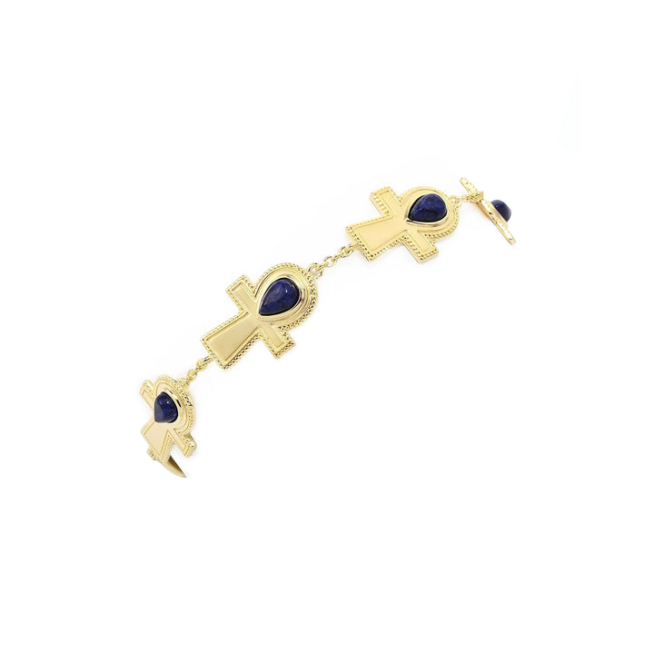 9.75 Cts Lapis Lazuli Ankh Cross Station Bracelet in Yellow Gold Plated 925 Sterling Silver