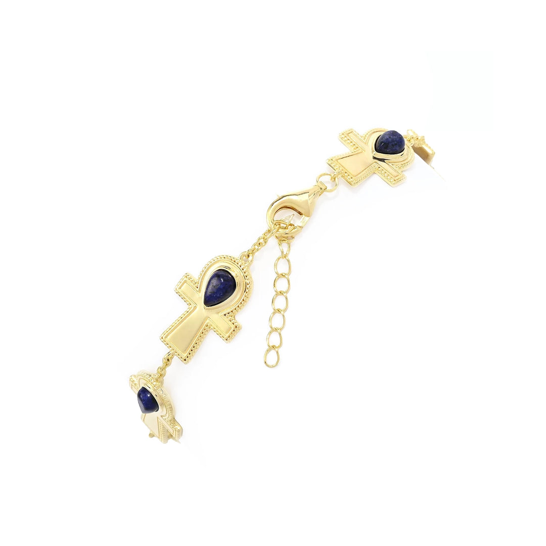 9.75 Cts Lapis Lazuli Ankh Cross Station Bracelet in Yellow Gold Plated 925 Sterling Silver