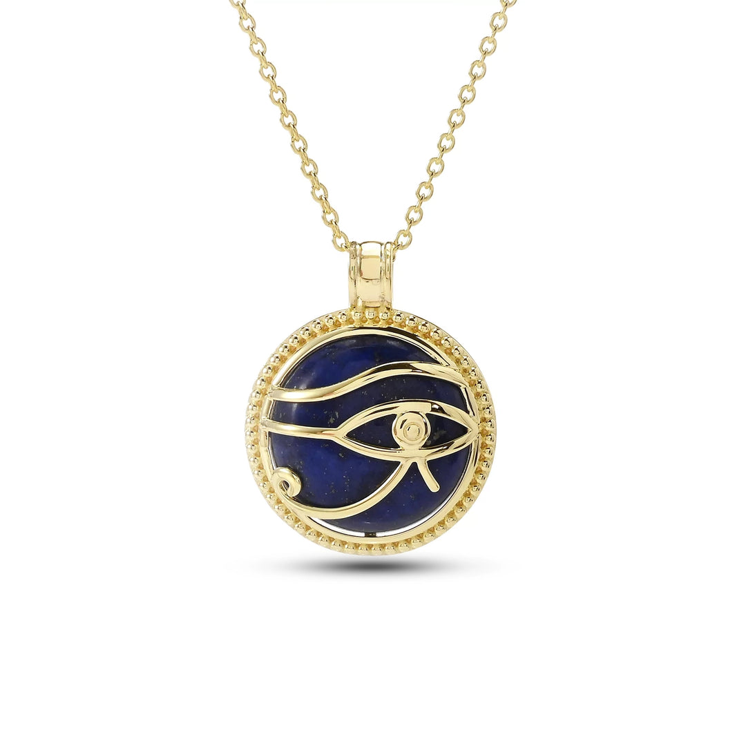 7.63 Cts Lapis Lazuli Eye or Horus Pendant in  Yellow Gold Plated 925 Sterling Silver w/ Chain