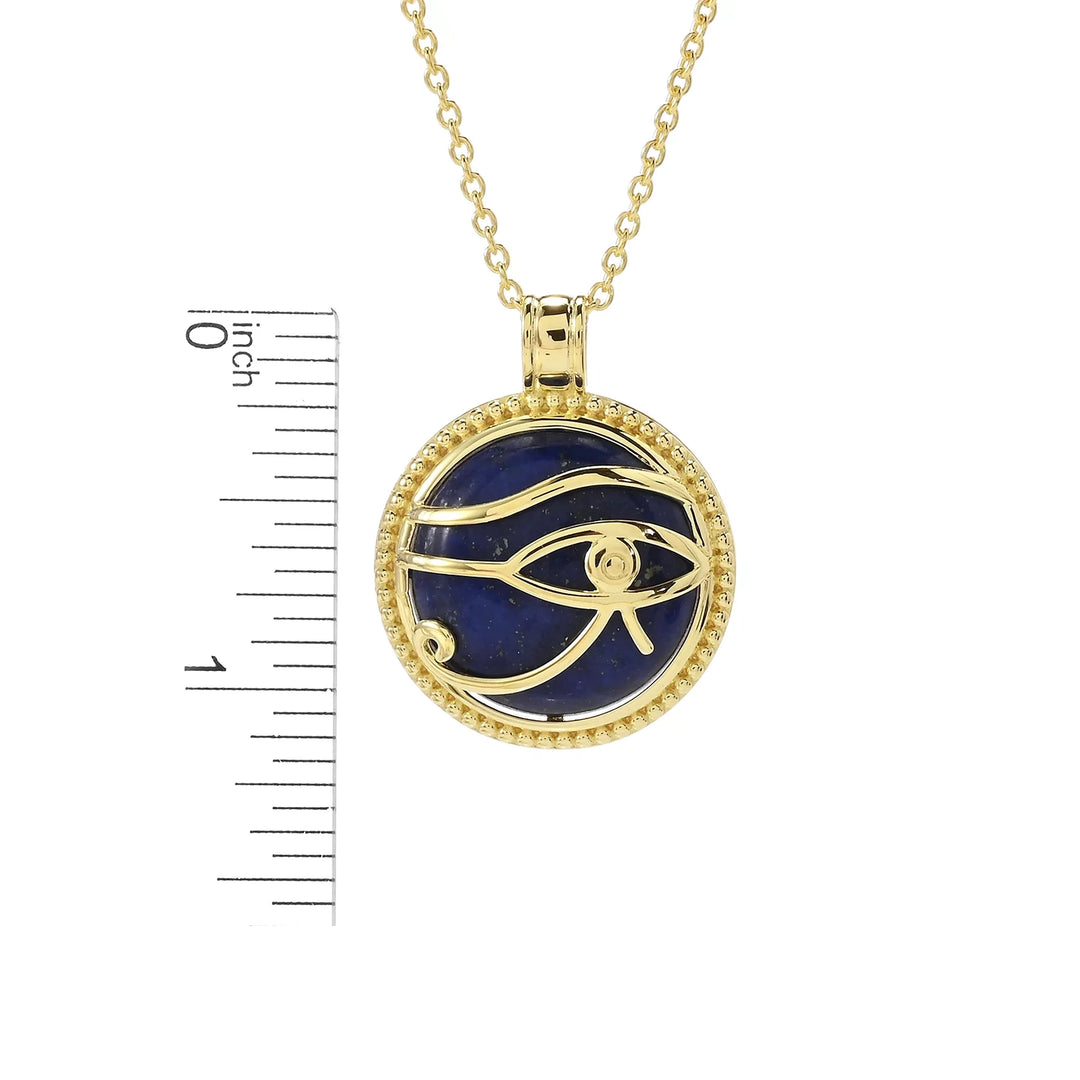 7.63 Cts Lapis Lazuli Eye or Horus Pendant in  Yellow Gold Plated 925 Sterling Silver w/ Chain