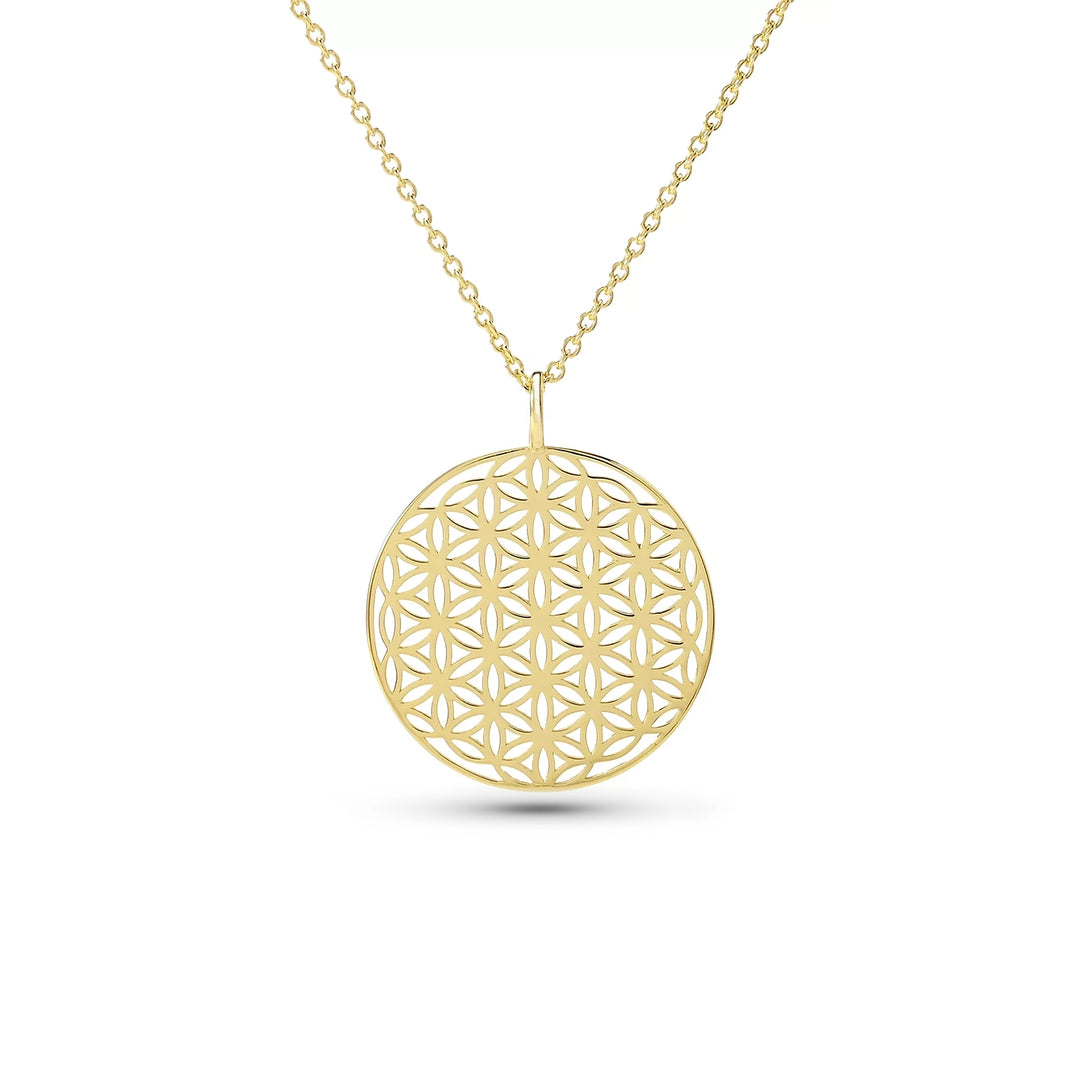 Flower of Life Drop Pendant  in  Yellow Gold Plated 925 Sterling Silver w/ Chain