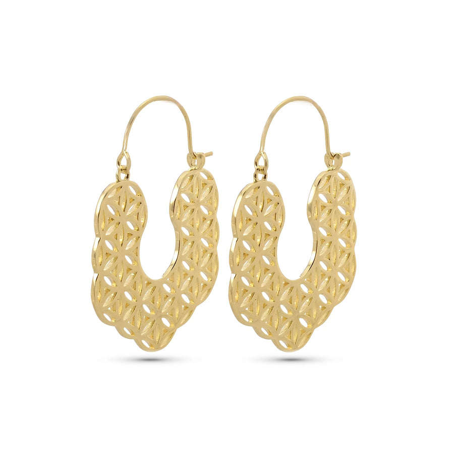 Flower of Life Hoop Earrings in Yellow Gold Plated 925 Sterling Silver