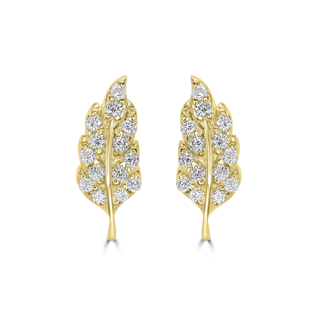 0.11 Cts White Diamond LEAF Earring in 14K Yellow Gold