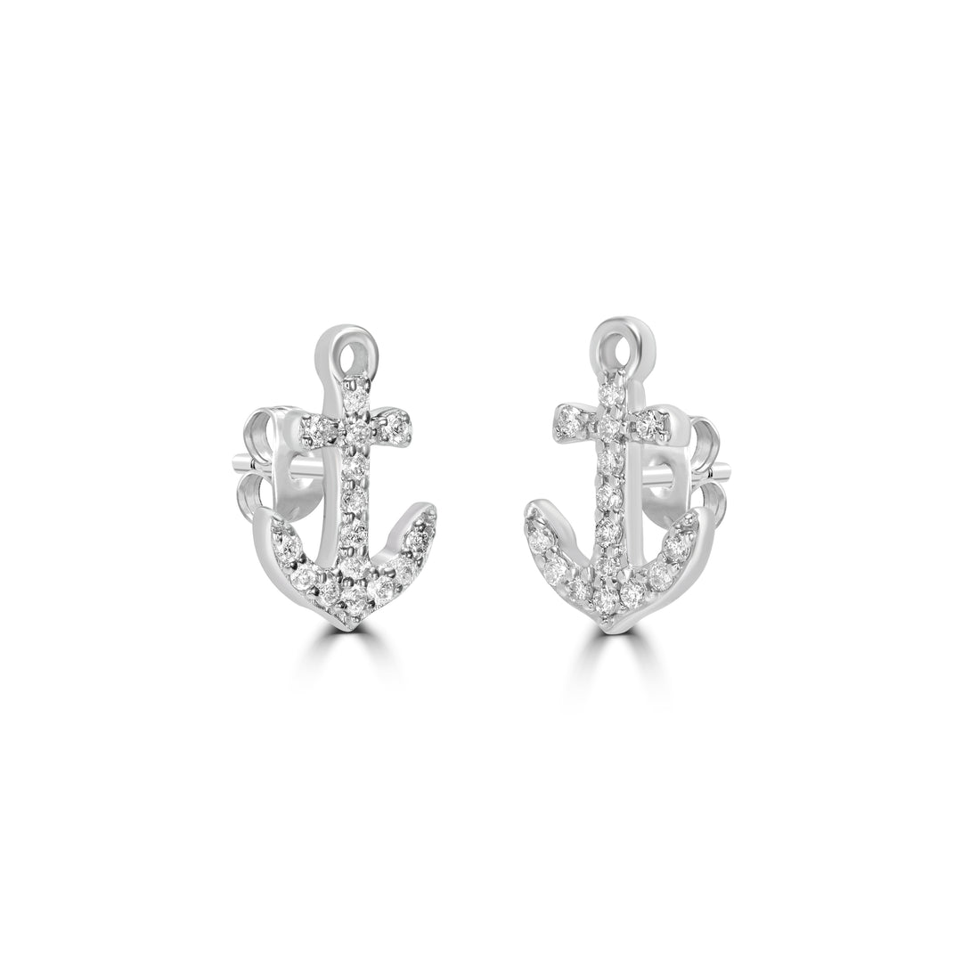 0.13 Cts White Diamond ANCHOR Earring in 14K White Gold