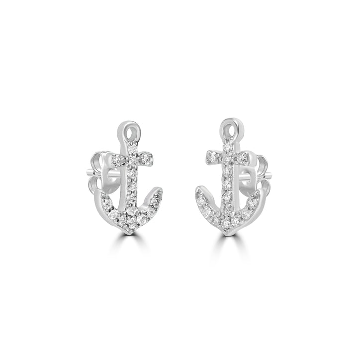 0.13 Cts White Diamond ANCHOR Earring in 14K White Gold
