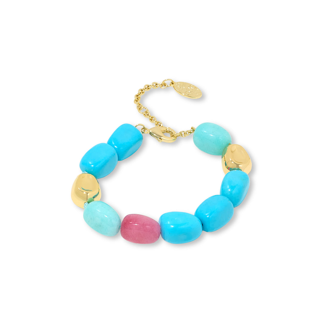 78.28 Cts Turquoise and Rose Quartz Beaded Bracelet in Brass