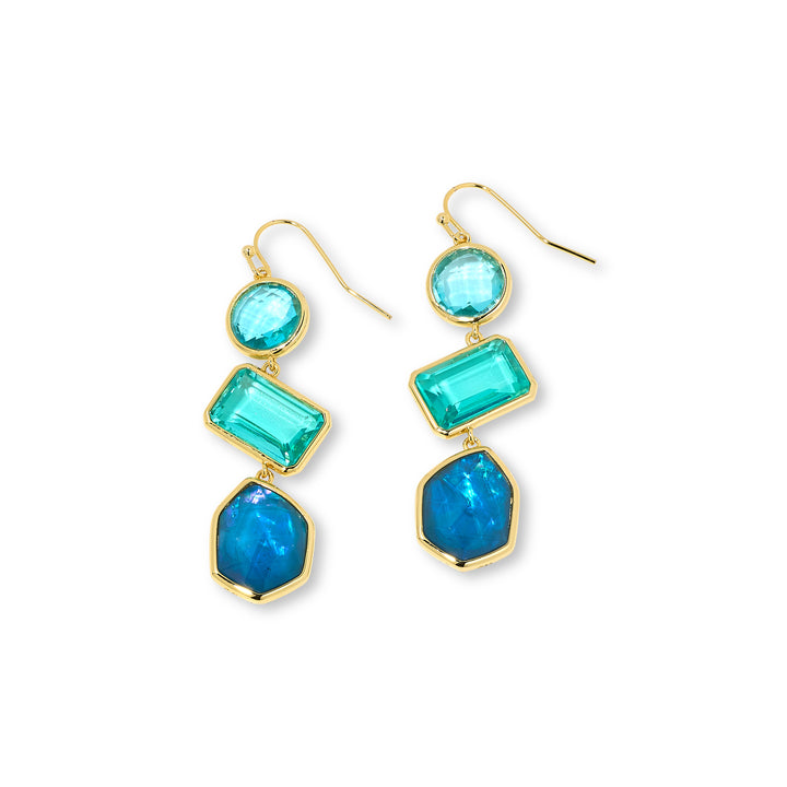 Blue Colored Doublet Quartz Dangle Earring in Brass