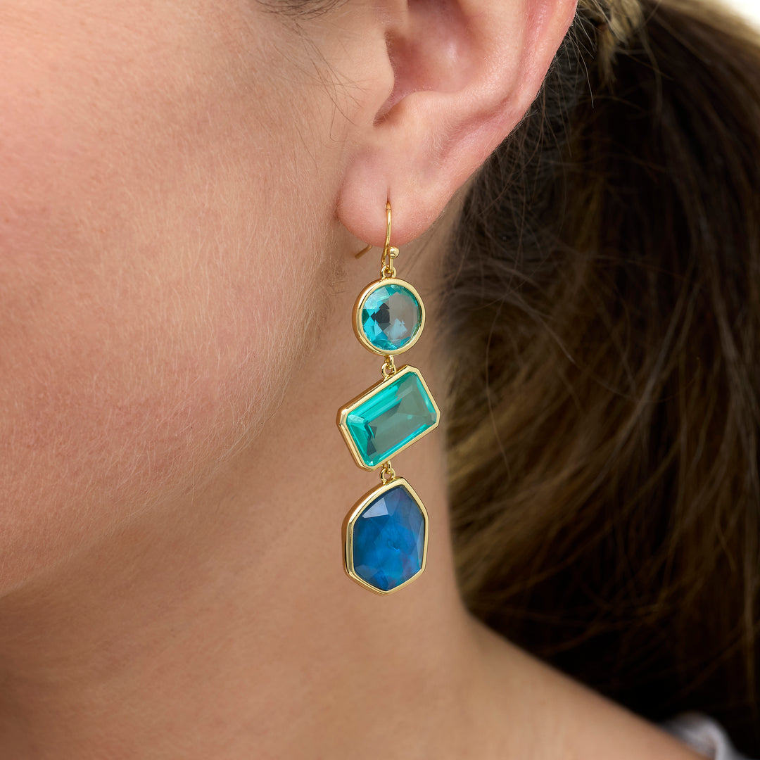 Blue Colored Doublet Quartz Dangle Earring in Brass