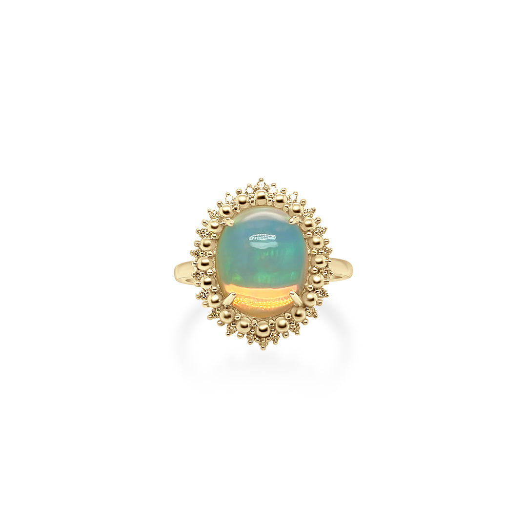 3.00 Cts White Opal and White Diamond Center Design Ring in 14K Yellow Gold