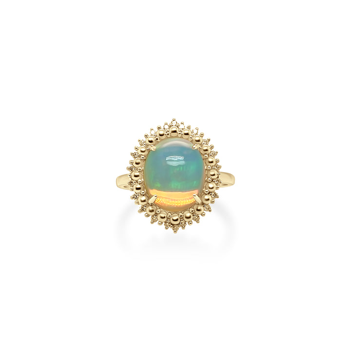 3.00 Cts White Opal and White Diamond Center Design Ring in 14K Yellow Gold