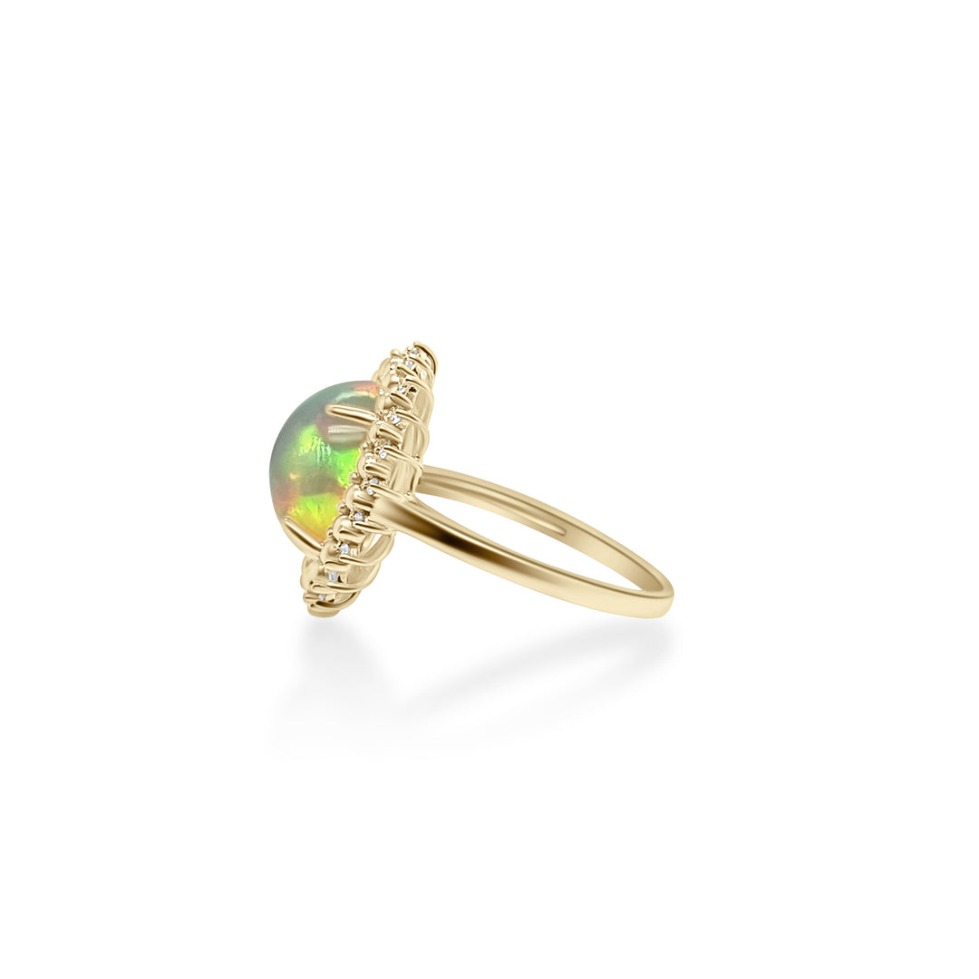 3.00 Cts White Opal and White Diamond Center Design Ring in 14K Yellow Gold