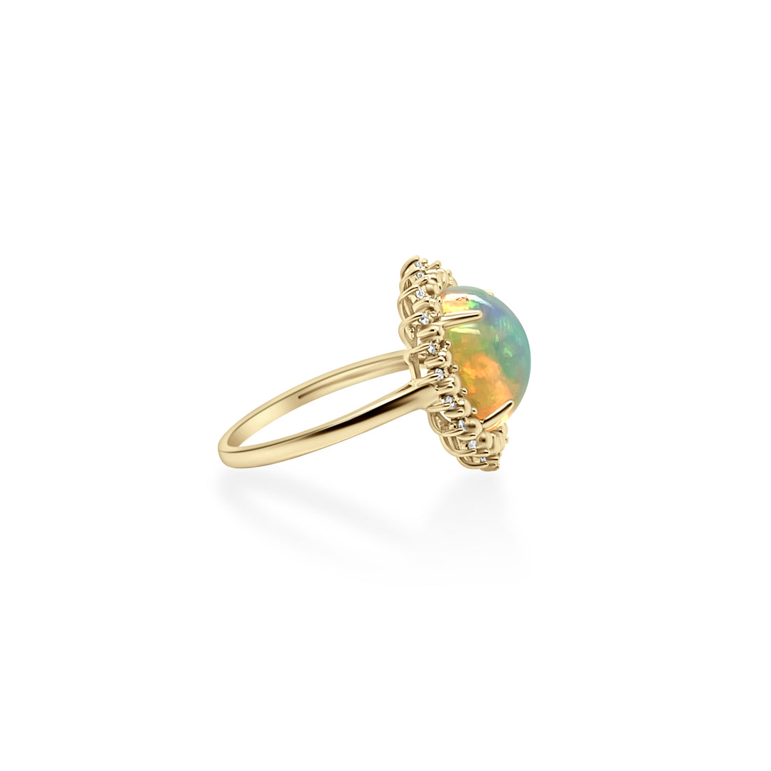 3.00 Cts White Opal and White Diamond Center Design Ring in 14K Yellow Gold