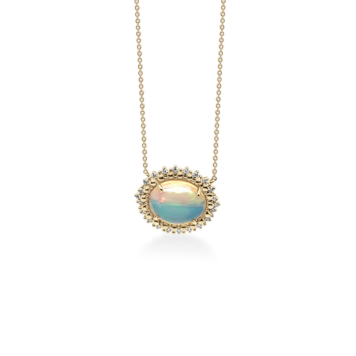 2.46 Cts White Opal and White Diamond Center Design Necklace in 14K Yellow Gold