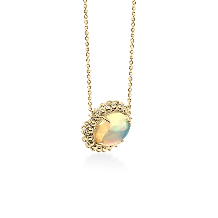 2.46 Cts White Opal and White Diamond Center Design Necklace in 14K Yellow Gold