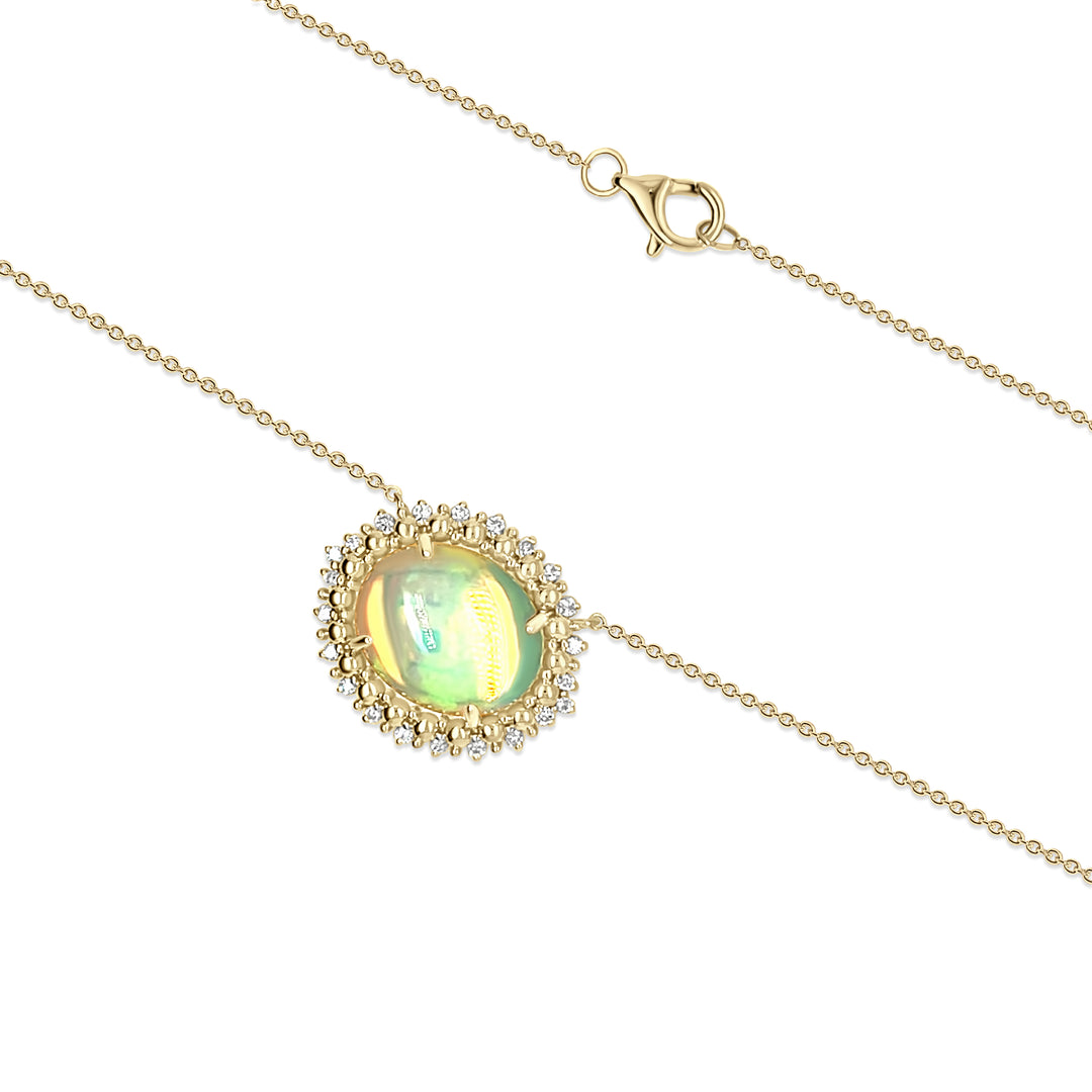 2.46 Cts White Opal and White Diamond Center Design Necklace in 14K Yellow Gold