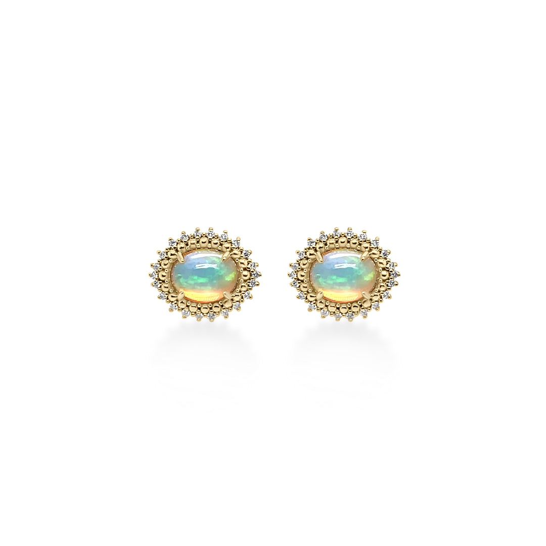 2.17 Cts White Opal and White Diamond Center Design Stud Earring in 14K Yellow Gold