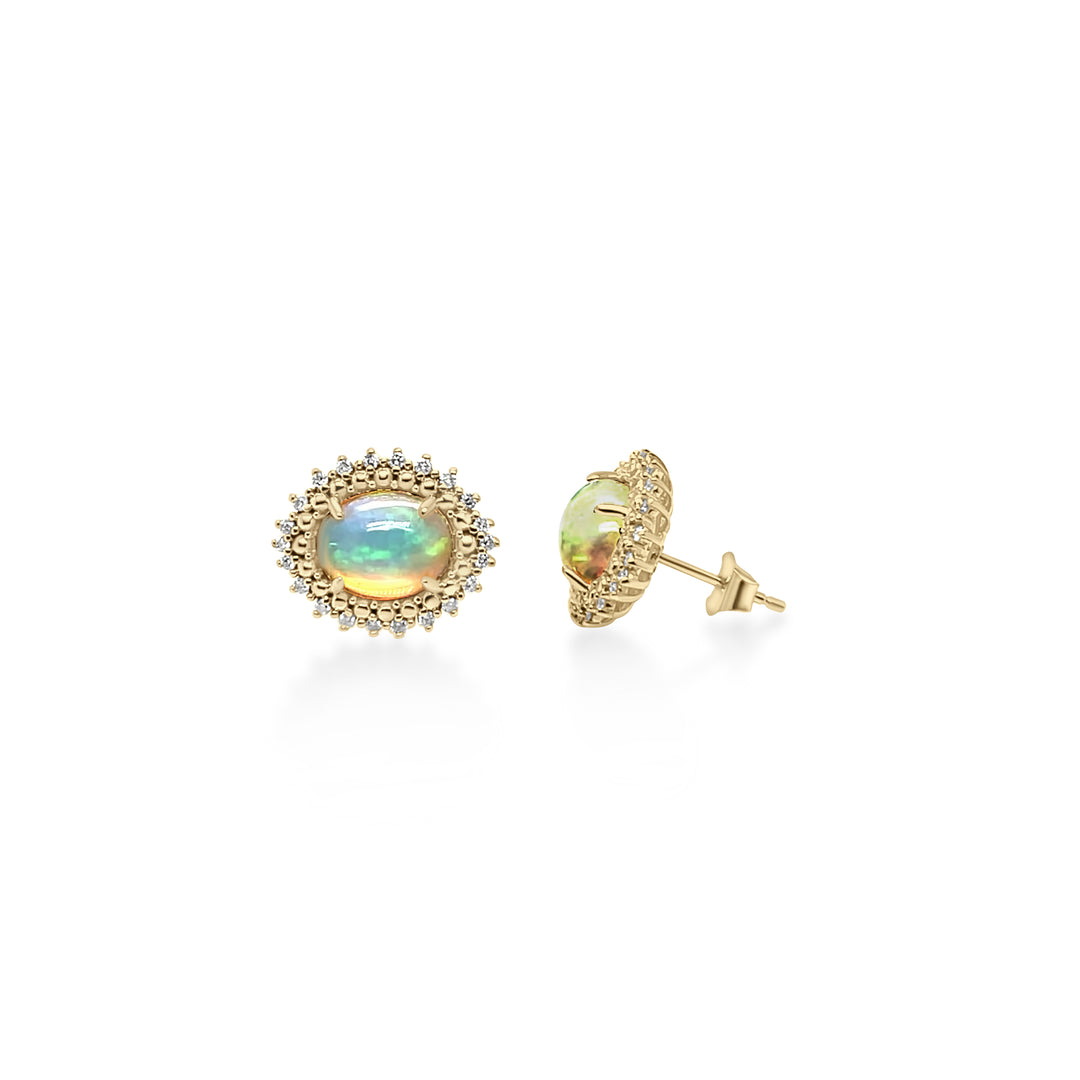 2.17 Cts White Opal and White Diamond Center Design Stud Earring in 14K Yellow Gold