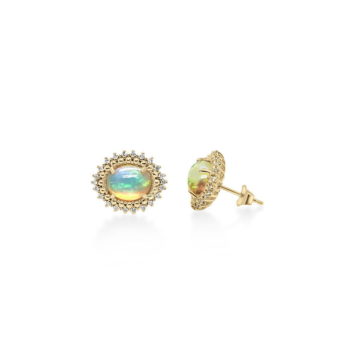 2.17 Cts White Opal and White Diamond Center Design Stud Earring in 14K Yellow Gold